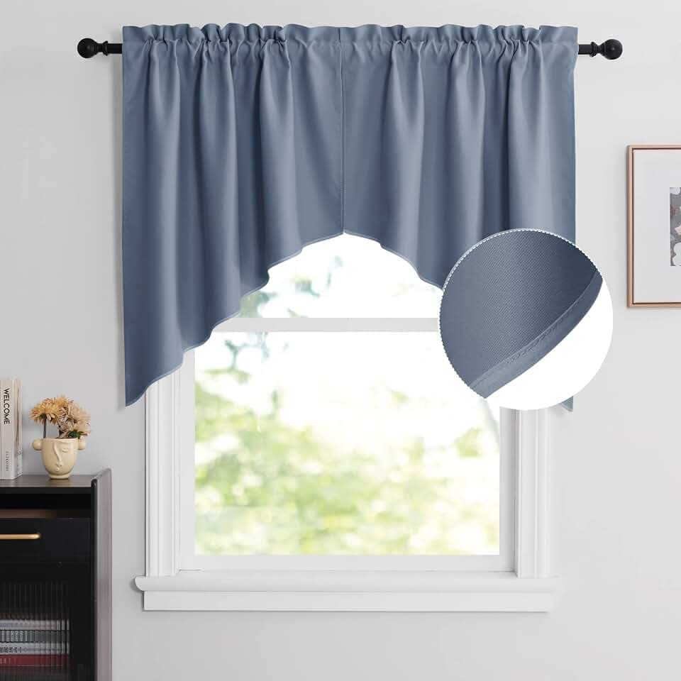 NICETOWN Room Darkening Swag Curtain Valance, Elegant Rod Pocket Tailored Scalloped Window Treatment Curtains for Home Decor/Office (2 Panels, 36" W X 36" L per Panel, Stone Blue)