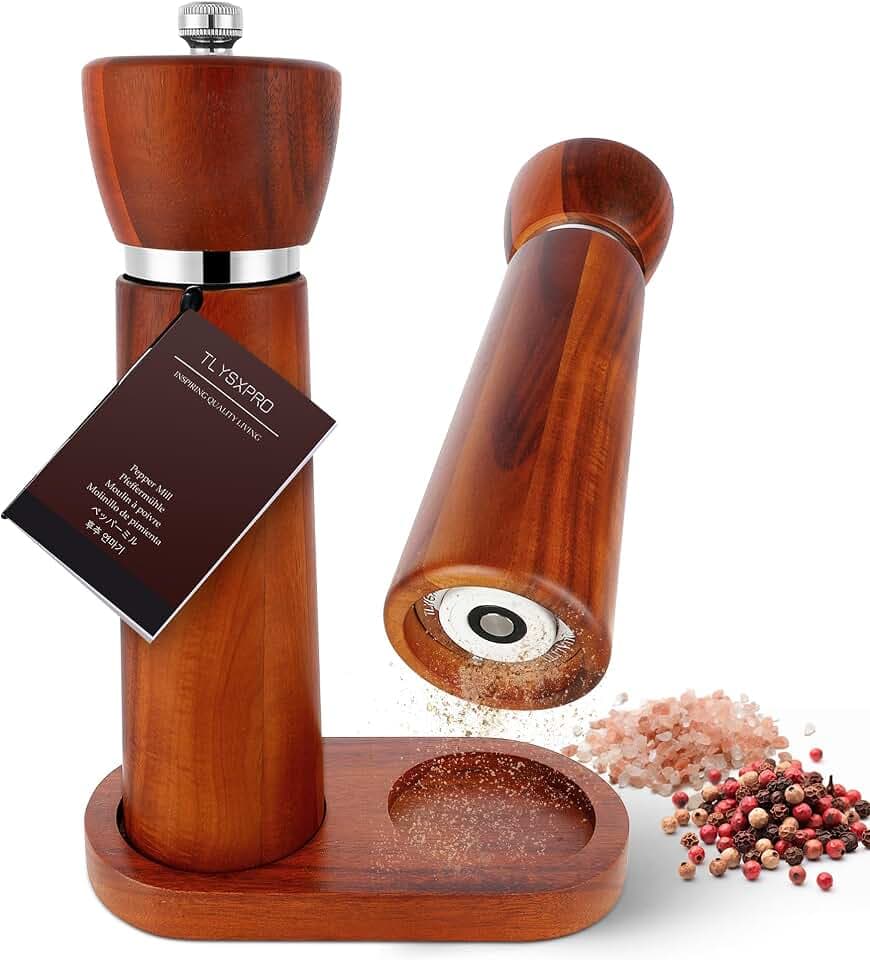 TLYSXPRO Salz und Pfeffermühle Holz Set – Nachfüllbare Pfeffer und Salzmühle mit einstellbarem Keramikmahlwerk – Manuelle Pfeffermühle aus Akazienholz – Höhe 21 cm