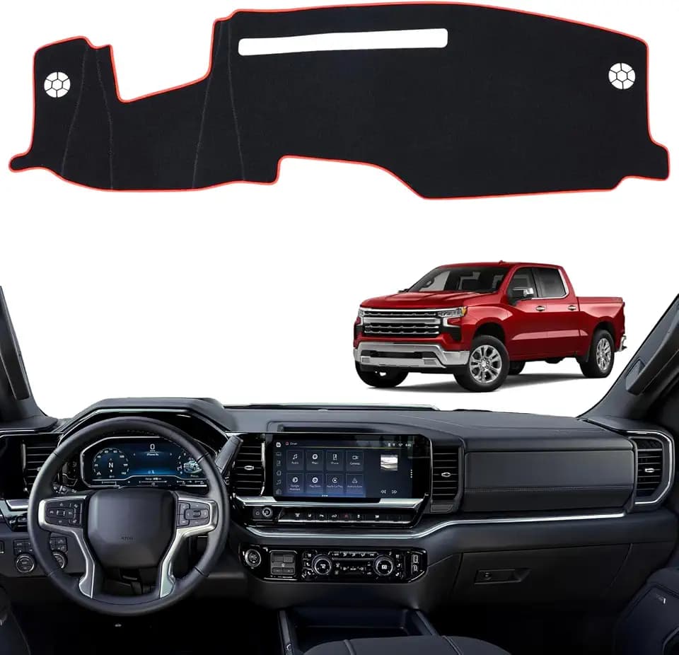 Non-Slip Dash Cover Mat Sunshield Protector Pad Compatible with Chevy Chevrolet Silverado 2022-2024 2025/ for GMC Sierra 1500 / Sierra 2500HD / 3500HD 2024 2025 Dashboard Cover (Red Trim)