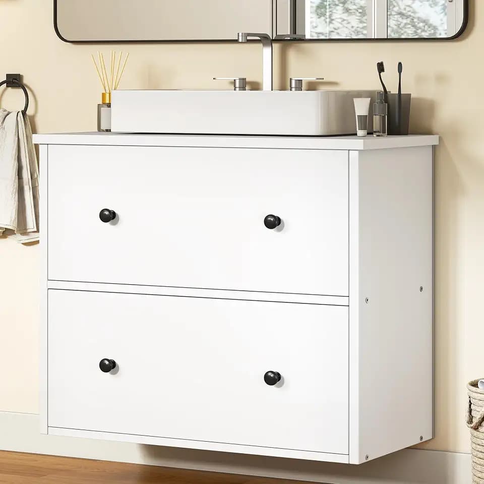 YITAHOME 60cm Waschbeckenunterschrank, Wandmontierter Waschtischunterschrank mit 2 Schubladen, Badezimmerschrank, Waschtisch-Organizer, für Badezimmer, Wohnung, Weiß