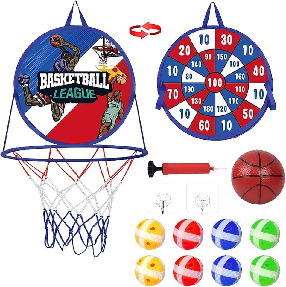 Basketballkorb mit Dartscheibe-Set für Kinder, 2 in 1 Dartscheibe und Mini Basketballkorb Zimmer Spielzeug, Faltbares Indoor und Outdoor Wurfspiel Geschenk für Kinder, Mädchen und Jungen
