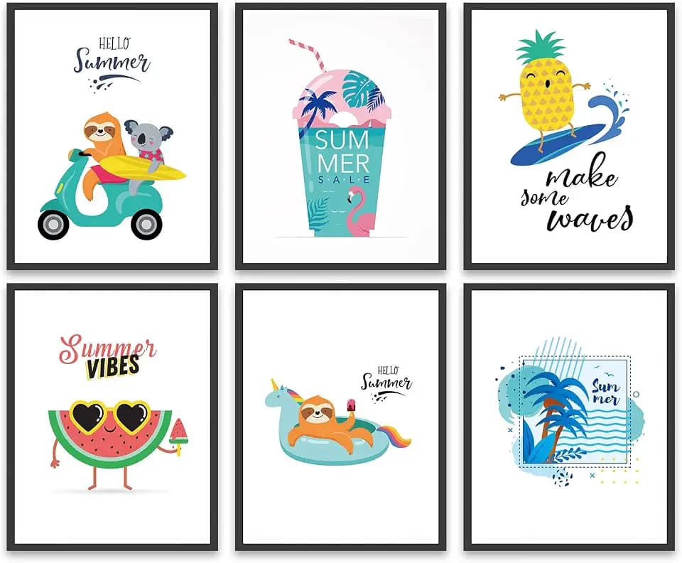 JITUIHOM Set of 6 Ocean Beach Decor Summer Holiday Cute Character, Swimming Pool, Cartoon Tropical Prints Posters - Sea Wall Canvas for Bathroom Spa Washroom Seascape Room Decor, Unframed, 8"x10"
