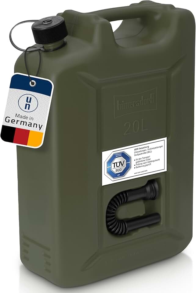 hünersdorff Kraftstoff-Kanister Profi 20L für Benzin, Diesel und andere Gefahrgüter, UN-Zulassung, Made in Germany, TÜV-geprüfte Produktion, oliv