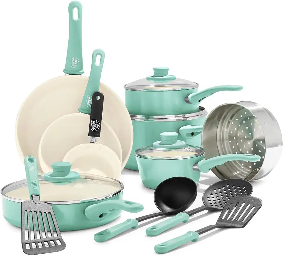GreenLife 16 Piece Ceramic Nonstick Pots & Pans Cookware Set, Turquoise