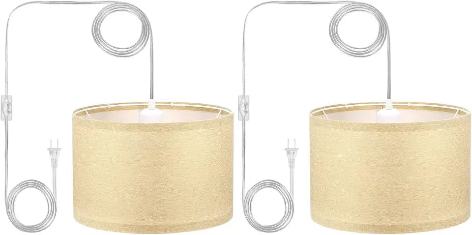 PATIKIL Plug in Pendant Light, 2 Pack 15Ft Rope Cord Hanging Lamp Fixture with ON/Off Switch, Linen Fabric Shade E26/E27 Bulb Socket for Bedroom Kitchen Living Room, Linen