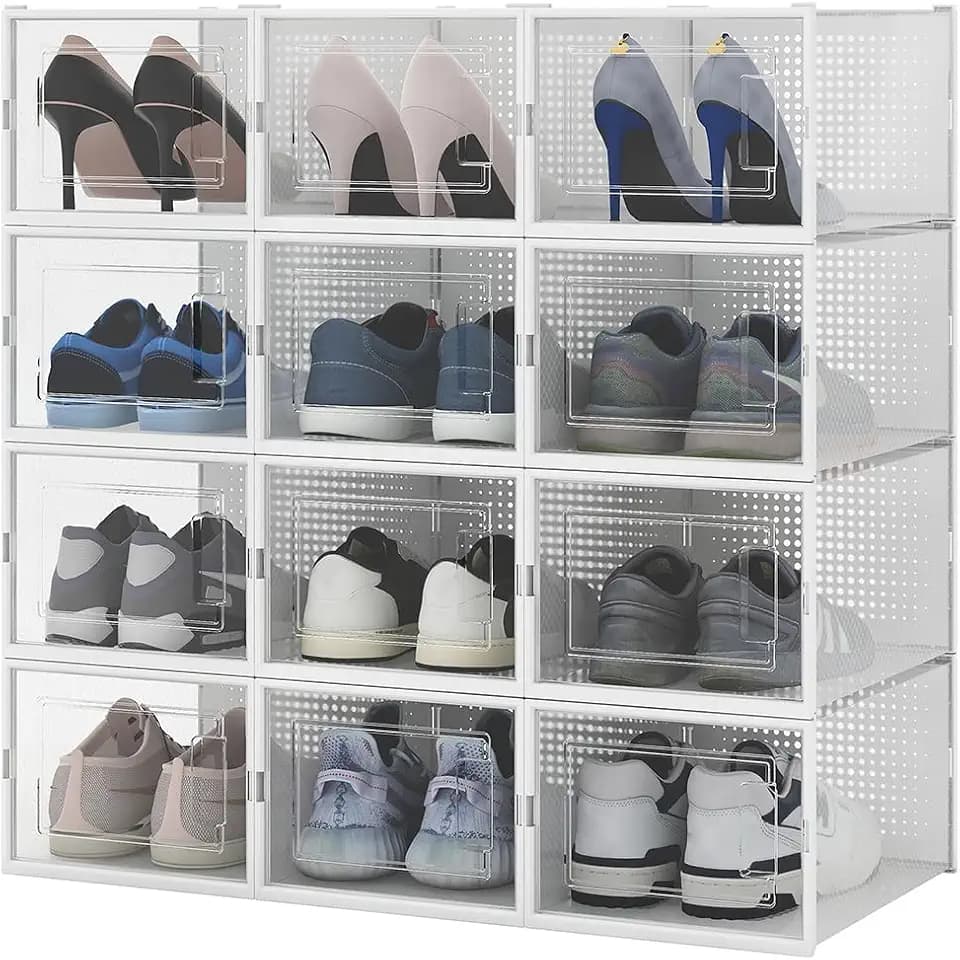 BAKAJI 12 stapelbare Schuhboxen aus Kunststoff mit Kopeken, einfache Montage, platzsparend, transparent, Aufbewahrungsboxen (Set mit 12 Stück, 35 x 25 x 9 cm)