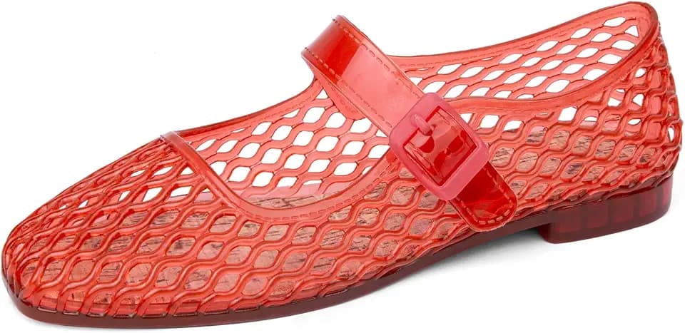 Jelly Shoes for Women Comfortable Jelly Mesh Ballet Flats Beach Sandals Jellies Mary Jane Flats with Buckle Strap