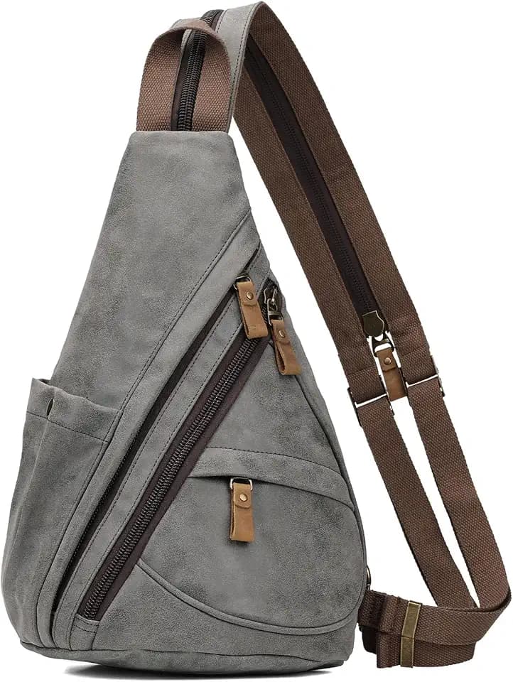 KL928 Casual PU Vintage Rucksäcke, Echtleder Retro Segeltuch Rucksack Daypack Crossbody Shoulder Schulterrucksack für Herren und Damen, Dunkelgrau