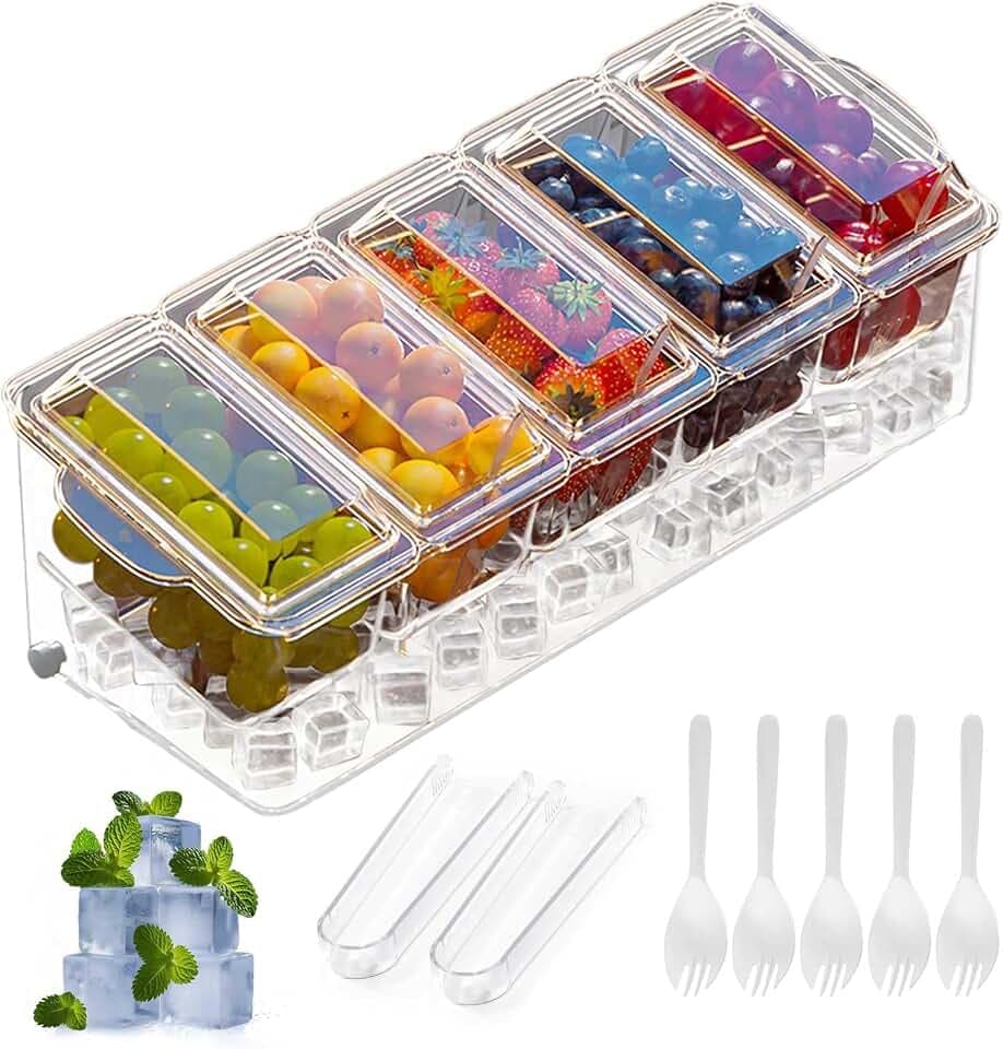 Large Ice Chilled Condiment Caddy,Chilled Condiment Containers Server with Lids for 5 Removable Compartments ,Serving Platters , Fruit & Garnish Tray for Party Supplies & Bar Accessories-Transparent