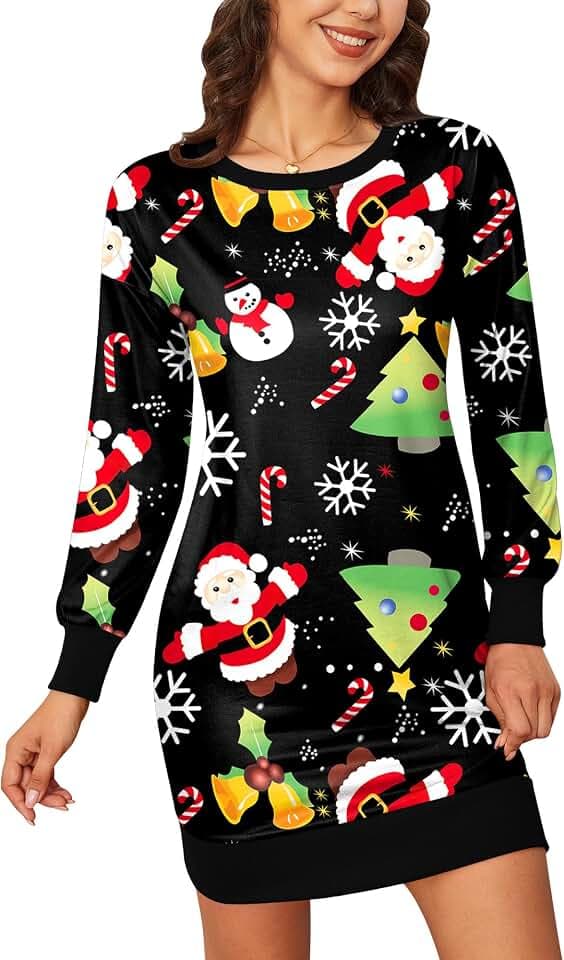 BesserBay Weihnachten Damen Weich Kleid Langarm Rundhals Lustige Christmas Midikleid Weihnachtsbaum L
