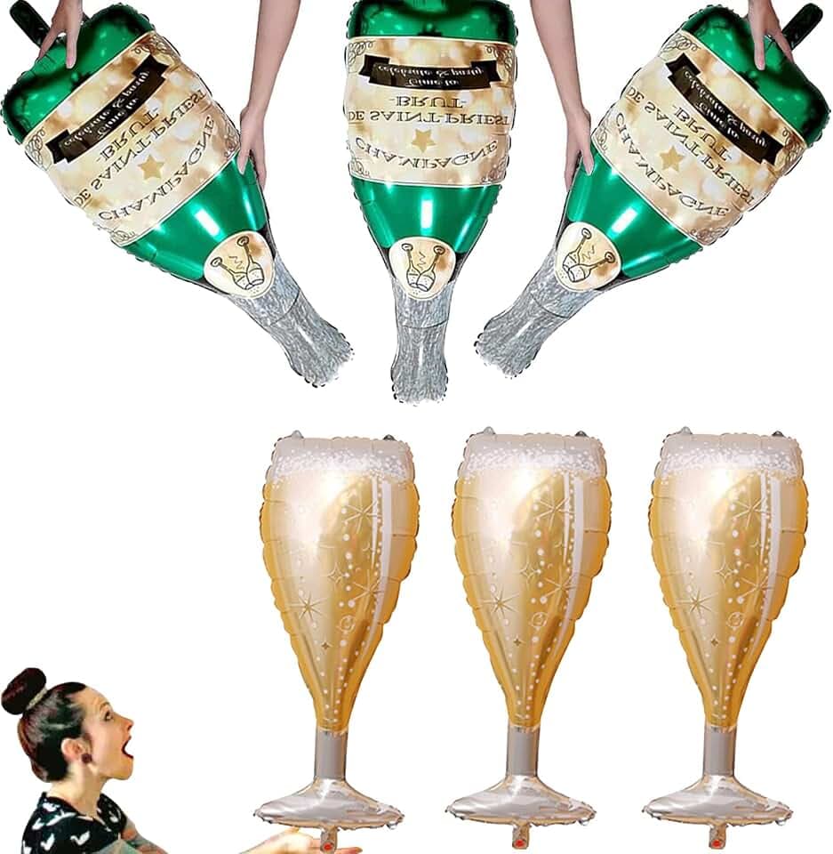 Folienballon Champagner Flasche Heliumballon 6 Stück Luftballon - 3PCS Weinflasche Ballon & 3PCS WeinglasBallon Hochzeit Deko Party Luftballons Geburtstag Selbstdichtender Aluminium Ballon
