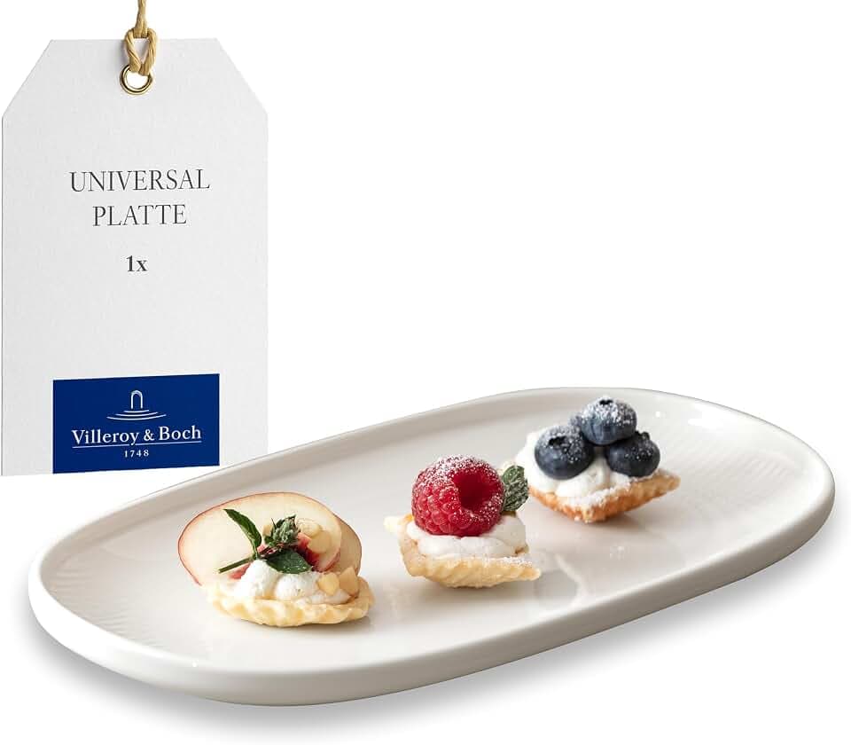 Villeroy & Boch Afina Gourmet Universal Plate/Pickle Dish, Premium Porcelain, Made in Germany, Dishwasher and Microwave Safe, 9 x 5 in, Stackable, Rich, Creamy White