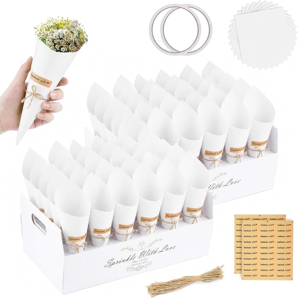 60 Stück Weiße Hochzeitskonfettitüten mit 2 Kegelhalter, Elegante Papier Kegel Hochzeit DIY Set inkl. Aufkleber & Juteschnur, Konfetti Box für Standesamt, Spalier Deko (Ohne Konfetti)
