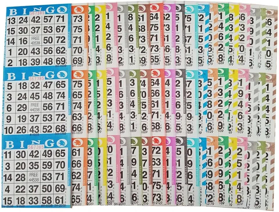 Bingo Paper Game Cards – 3 Card – 20 Bingo Sheets – 50 Books – 20 Colors, Made in USA