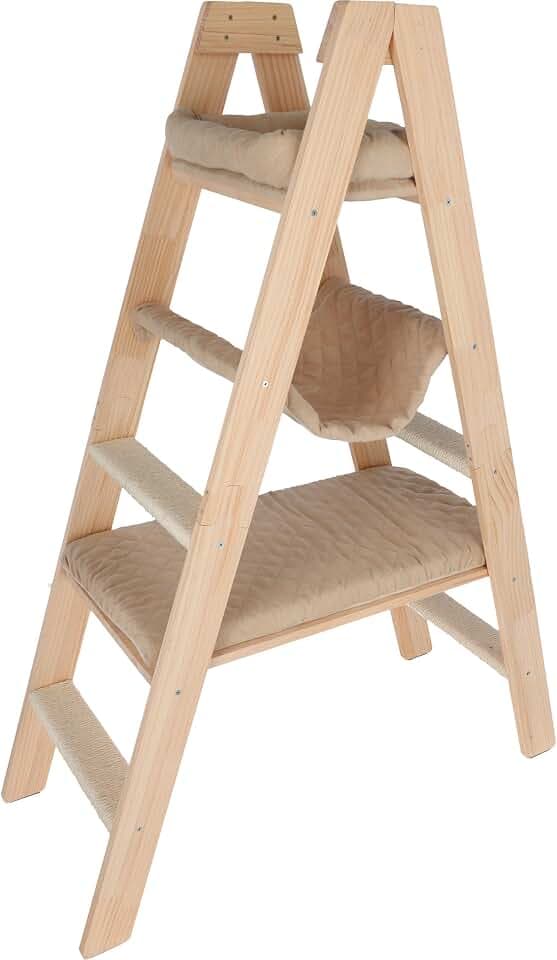 Kerbl Pet Kratzbaum Ladder | Natur/Beige, 97 × 35 × 134 cm, Holz mit Velourstoff und Sisalstufen zum Klettern, Kratzen und Ausruhen