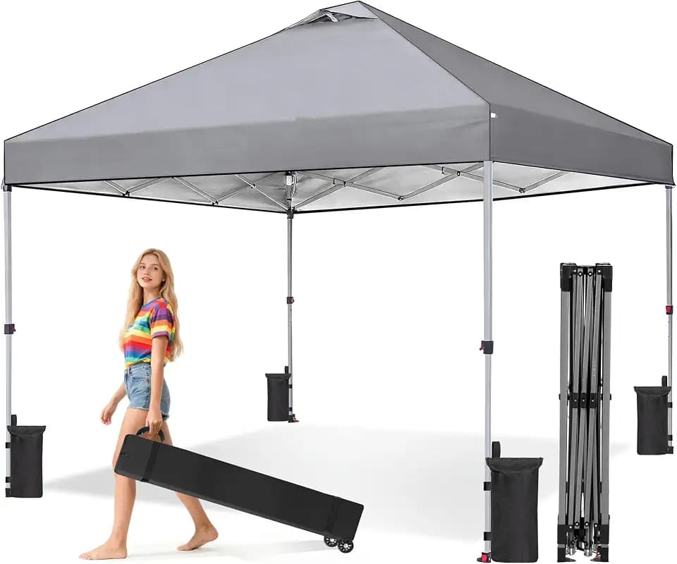 OLIXIS 10x10ft Pop Up Canopy Tent, Heavy Duty 1-Person One Push Setup, Portable Outdoor Shelter for Beach, Events, Camping Includes Rolling Carry Bag, Grey