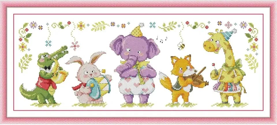 ITSTITCH Stamped Cross Stitch Kit for Adult Beginners, 14CT Pre-Printed 2 Strands Animal Band Pattern, DIY Wall Art Home Decor, 23.2×10.6 Inch
