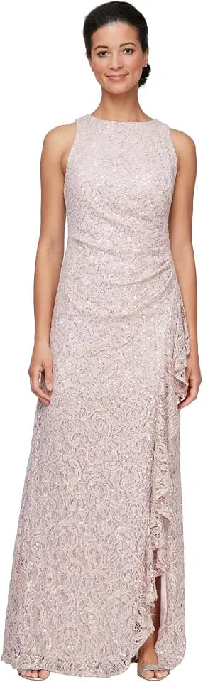 Alex Evenings Women's Long Sleeveless Mother of the Bride Dress W/Cascade Ruffle & Front Slit (Petite and Regular Sizes)