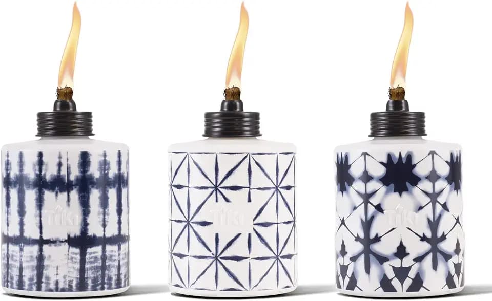 TIKI Glass Tie-Dye Tabletop Torches, 3-Pack – Decorative Outdoor TIKI Torches for Patio, Backyard & Garden – Portable Tabletop Citronella Torches for Outdoor Lighting – Blue, 5.75-Inch