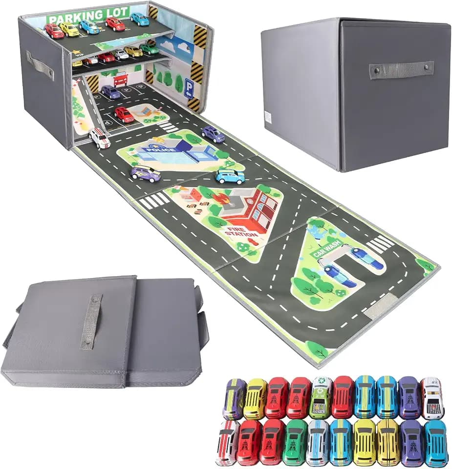 Spielzeug Garage für Autos, 3 In1 Faltbar Auto Garage Kinder mit 20 Autos, Garages Spielzeug mit Tragegriff, KapazitäT Von 200+ Spielzeugautos
