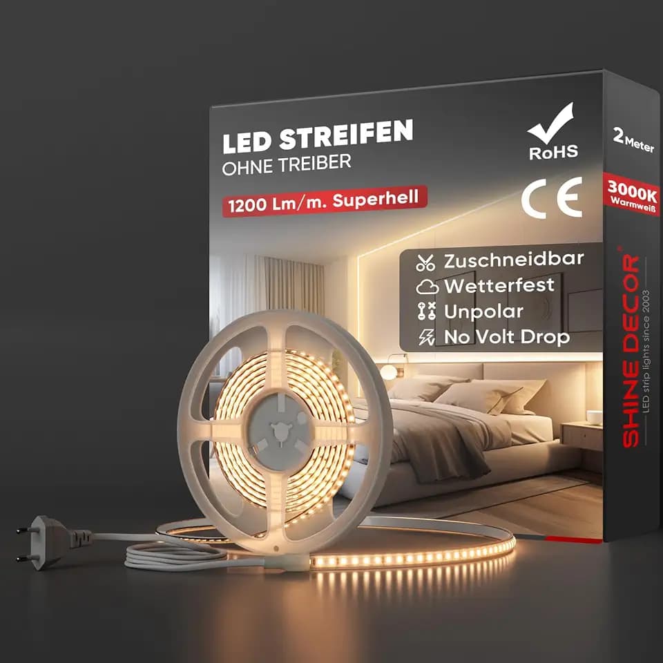 Shine Decor LED Streifen 2m, AC 220V 230V IP65 Wasserdicht LED Band, SMD 2835 120 leds/m Ultrahohe Helligkeit Lichtleiste für Küche Garten LED Beleuchtung (2M, Warmweiß, CE Zertifiziert)
