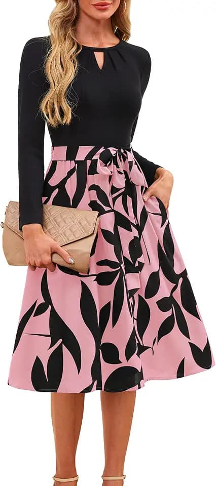 Kranda Long Sleeves Keyhole Crew Neck Ribbed Fall Midi Dresses with Pockets