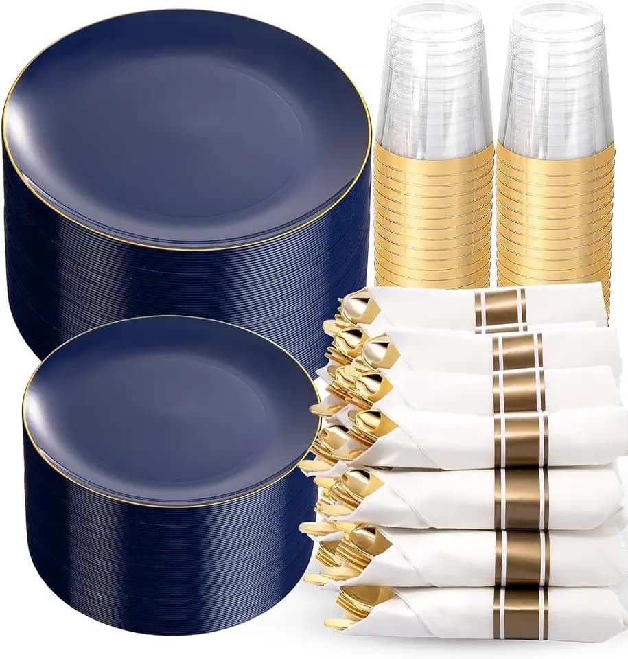 KIRE 350Pcs Blue and Gold Plates -Heavy Duty Navy Blue Dinnerware Set - 100 Plastic Plates 50 Pre Rolled Napkins with Gold Plastic Silverware 50 Cups for Party/Wedding/Birthday/Christmas/Hanukkah