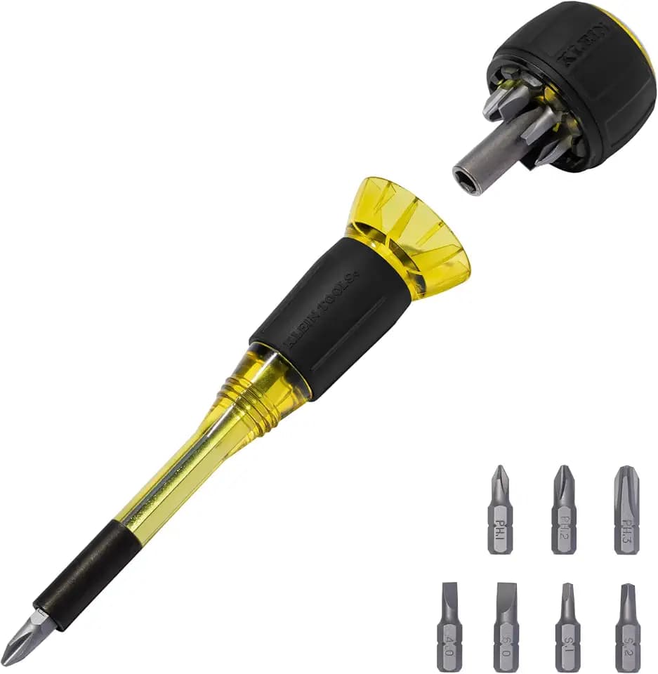Klein Tools 32961A 8-in-1 Tru-Grip Screwdriver with Stubby, Phillips, Slotted, Square Tips, 1/4-Inch Nut Driver, Rare-Earth Magnet, 6-Bit Storage, Ball-Style Handle