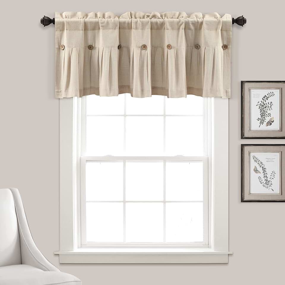 Lush Decor Linen Button Farmhouse Valance, 84" W x 18" L, Dark Linen - Kitchen Curtains Valances - Valances for Windows - Curtain Valance