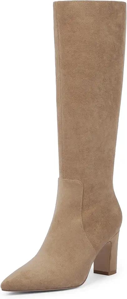 VIUGJNEX Knee High Boots Pointed Toe Chunky Heel Tall Boots for Women