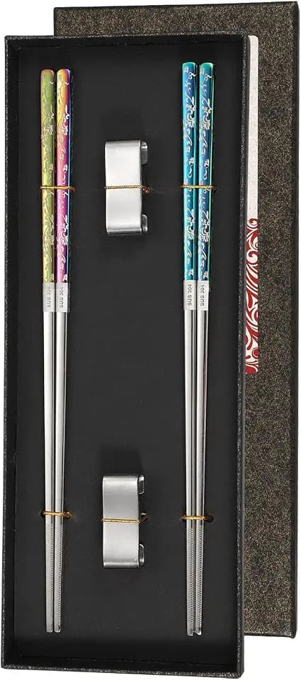 uxcell 2 Pairs Stainless Steel Chopsticks, 23.5cm / 9.25" Metal Chop Sticks Square Lightweight Chopsticks Tableware Accessories Set for Hot Pot Cook, Gradient Silver with Silver Holder