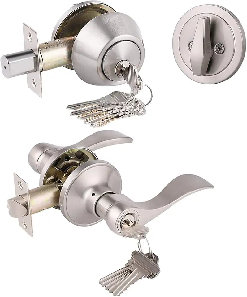 Gobrico Keyed Alike Front Door Exterior Door Lever Lockset with Single Cylinder Deadbolt Combination Set, Door Knob with Lock and Deadbolt, Satin Nickel Finished, 1Pack