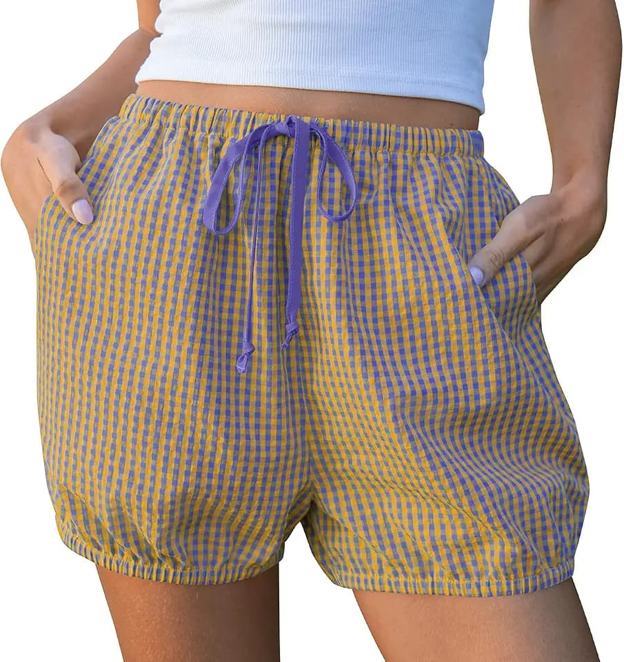 TARSE Women Balloon Striped Gingham Shorts Casual Lounge Bottoms