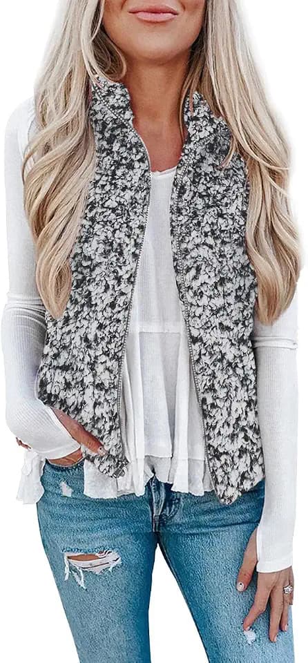 LOMON Womens Fuzzy Sherpa Fleece Jacket Lightweight Vest Cozy Sleeveless Cardigan Zipper Waistcoat Outerwear with Pocket
