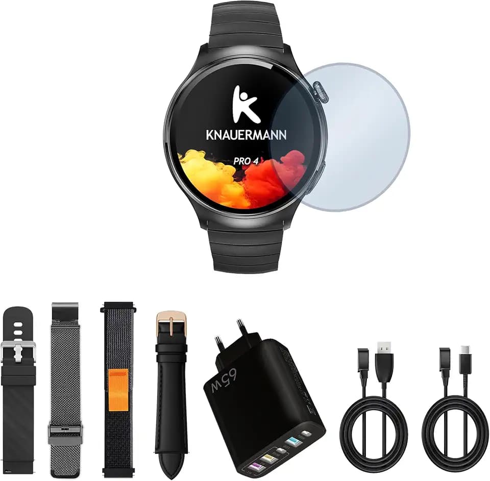 Knauermann PRO 4 EKG-Gesundheitsuhr mit Telefonfunktion – Smartwatch in Schwarz – Puls, Blutdruck, Blutsauerstoff, HRV, Schlafanalyse – Für Damen und Herren – Premium-Set mit 5 Armbändern Schwarz