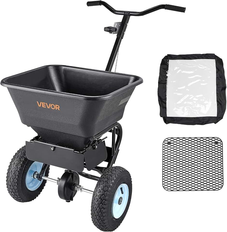 VEVOR Broadcast Spreader 100 lbs Capacity Walk-Behind Push Spreader Black | For Lawn Garden, 0-9.8 ft Spreading Width, 13 in All Terrain Pneumatic Tires, Hopper Grate for Seed Fertilizer Salt Ice Melt