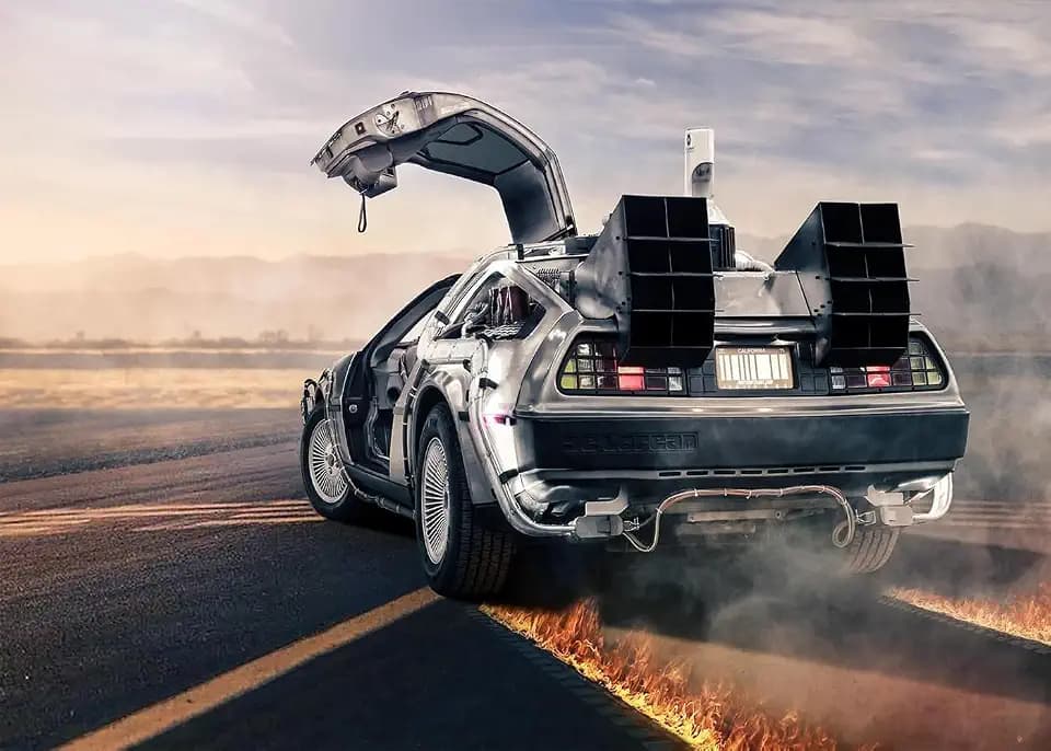 7x5FT Backdrop Time Machine Car Retro Design Burning Time Runway Backdrop for Back to Future Themed Party Decorations Photoshoot Photo Booth Props Vinyl