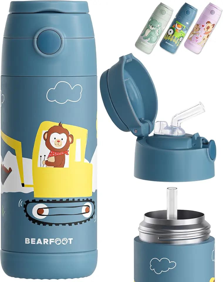 BEARFOOT Edelstahl Trinkflasche Kinder 350ml (Bagger Affe – Blau)