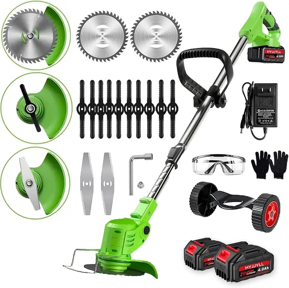 21V Electric Cordless Weed Eater Brush Cutter with 3 Types Blades and 4.0Ah Battery Powered (Green)