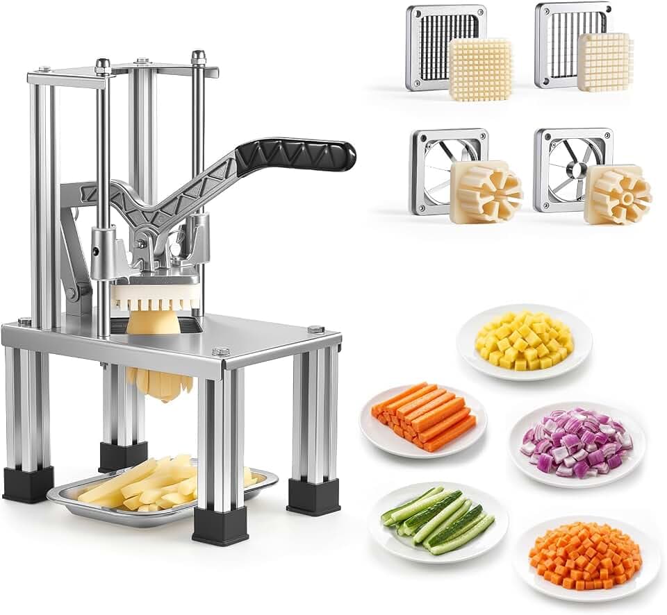 VEVOR Pommes-Frites-Schneider, Kartoffelschneider, Frittenschneider, Pommesschneider mit Ersatzklingen (1/4, 3/8 Zoll), Obstteiler & Apfelentkerner, Edelstahl 420J2, für Restaurants