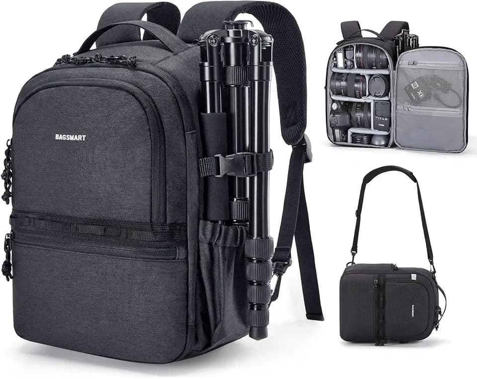 BAGSMART 2 in 1 Small Camera Backpack for DSLR, Fits 12.9" iPad, Black