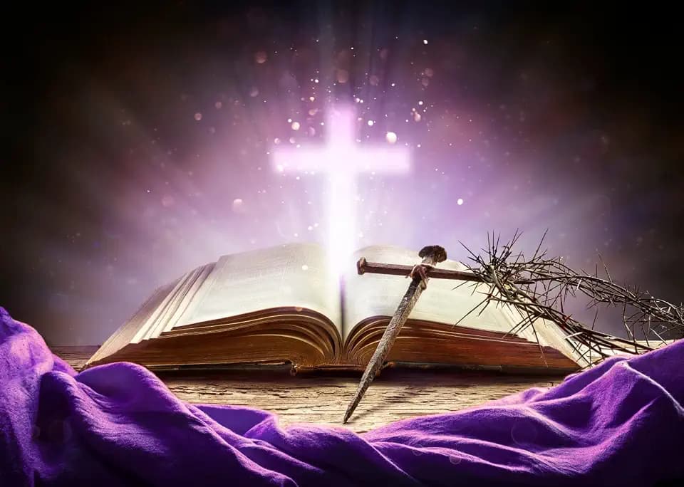 BELECO 10x6.5ft Fabric Holy Bible Cross Backdrop Purple Holy Light Glowing Crucifix Thorns God Belief Jesus Christ Biblical Backdrop Background Christian Church Sanctuary Decor Easter Studio Props