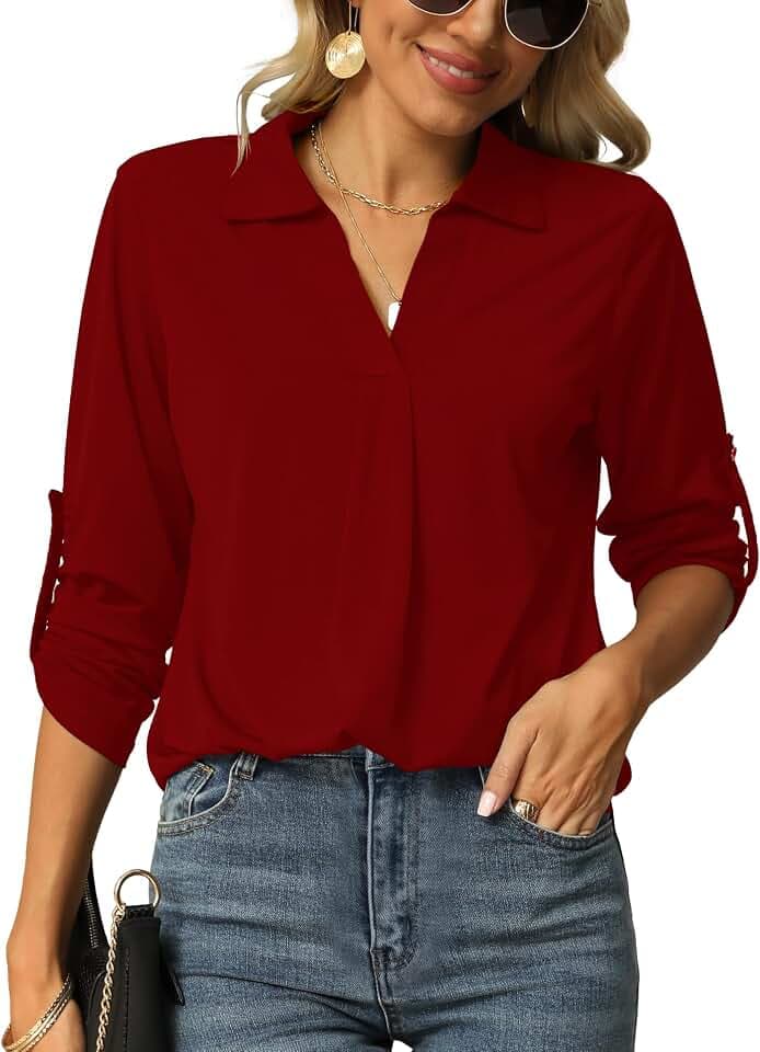 Odosalii Lässige Damen-Tunika-Blusen mit V-Ausschnitt, aufgerollt, langärmelig, Polo-Top, Basic-Shirt, A-Forest Green