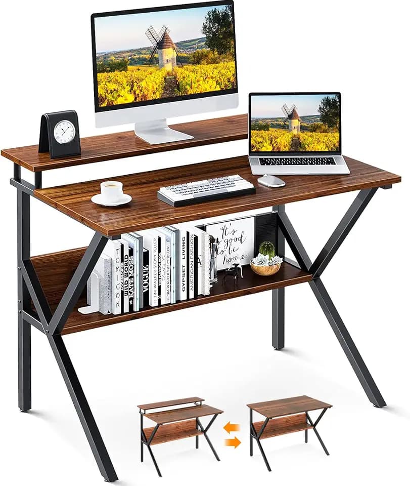 ODK 27.5 Inch Small Desk with Storage & Monitor Stand, Deep Brown