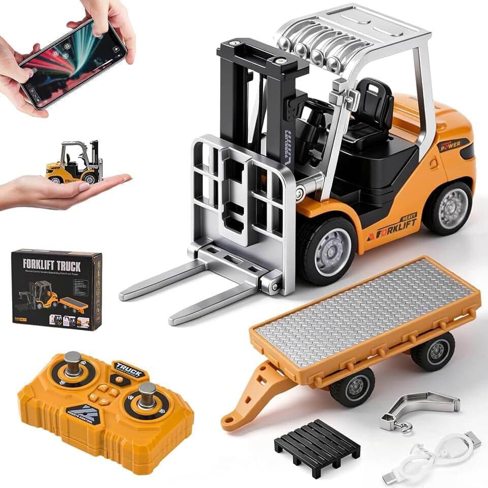Mini Ferngesteuerter Gabelstapler mit Anhänger/Hubgabel/Haken, 1:64 RC Stapler aus Metall mit APP-Steuerung & 2,4GHz Fernbedienung, RC Baufahrzeug Spielzeug mit Licht & Sound