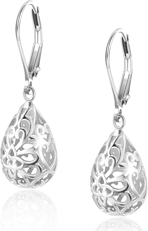 Silver Teardrop Filigree Dangle Earrings in Gift Box for Women