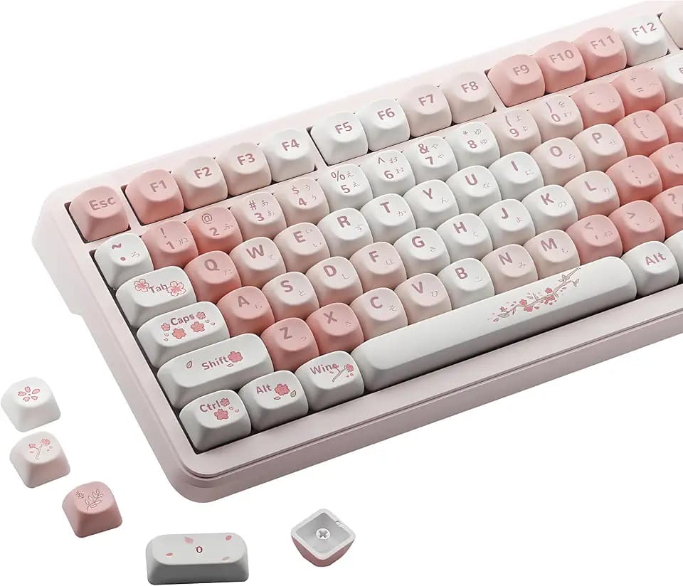 134 Keys PBT Japanese Keycaps, MOA Profile Sakura Pink Themed, 5 Side Dye Sublimation Keycaps Suitable for Mechanical Keyboard