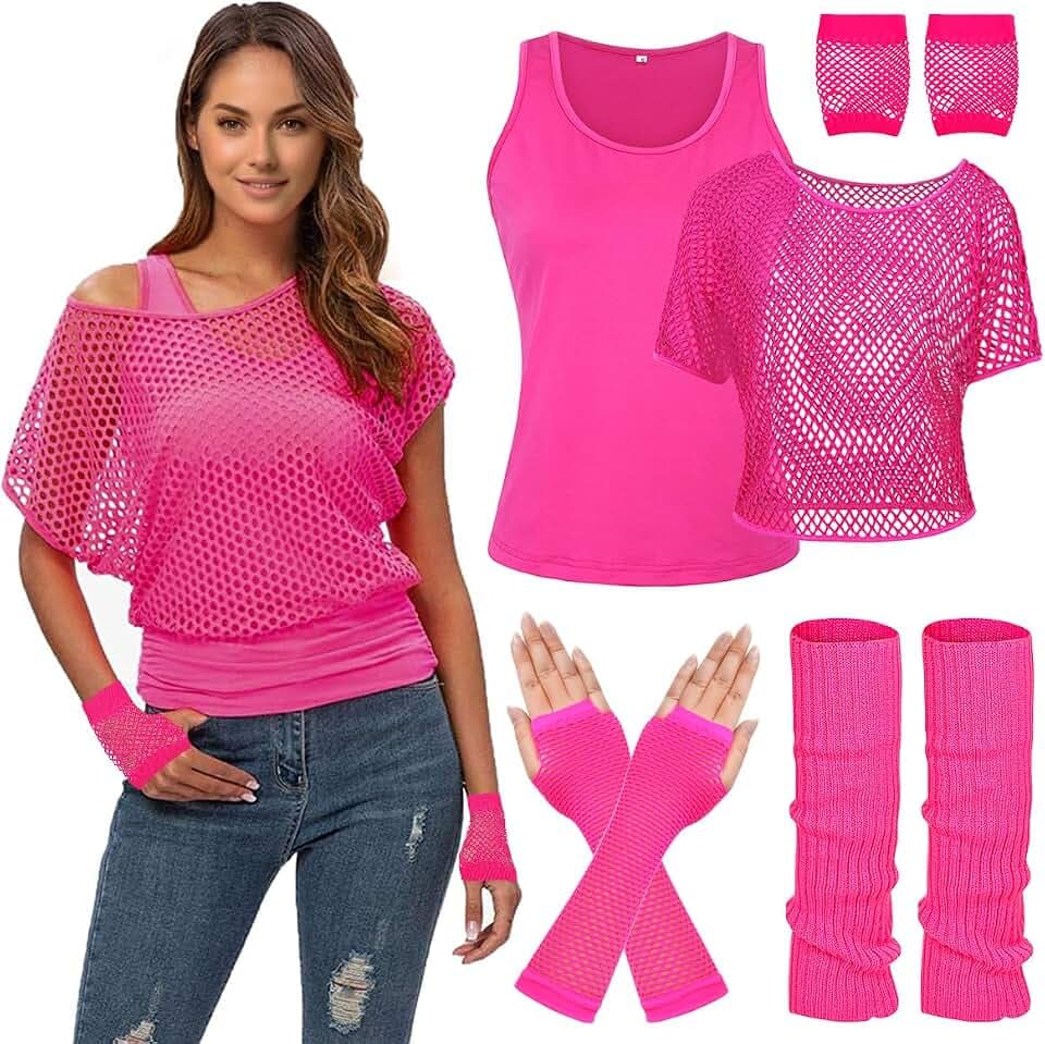 WILDPARTY 80er 90er Jahre Outfit Damen, Netzshirt, Tank top, Beinwärmer, Netzhandschuhe, Kostüm 80er Jahre Netzoberteil Damen Tops Neon Shirt 80s Aerobic Outfit Kleidung Mottoparty Clothes