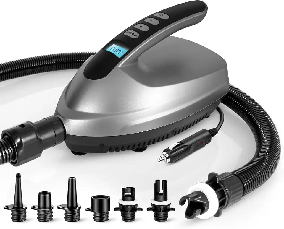 SereneLife Electric Paddle Board Pump – Portable 16 PSI Dual-Stage Air Compressor for Lightning-Fast Inflation, Auto-Off, LCD Display & 12V Car Connector – for SUPs, Boats & Inflatables