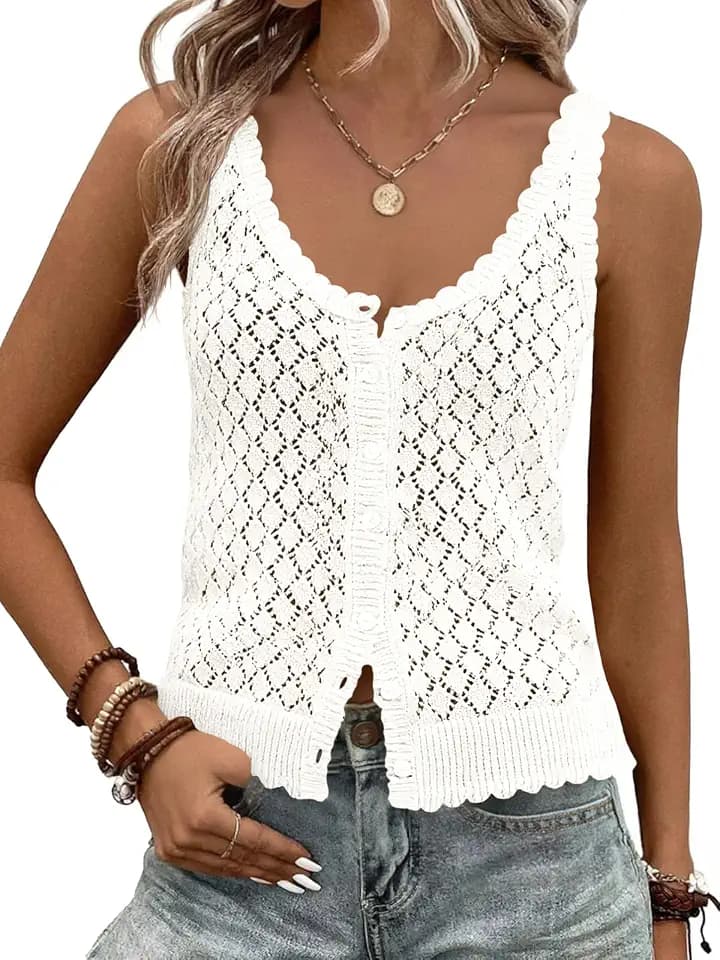 Fisoew Womens Sweater Tank Tops Summer Sleeveless Crochet Cardigan Button Down Boho Knit Going Out Vest Tops